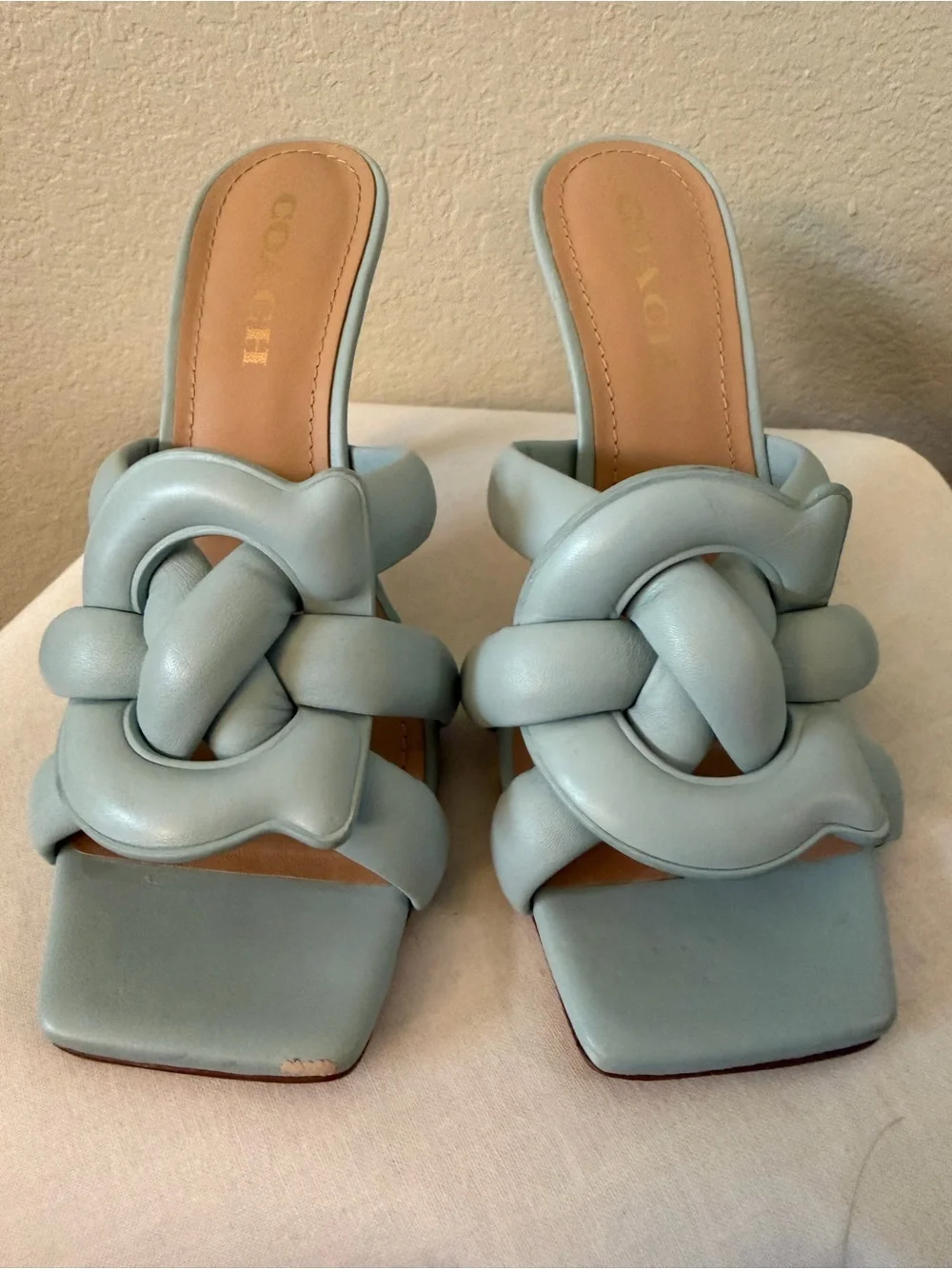 Coach Light Blue Knotted Leather Heeled Slide